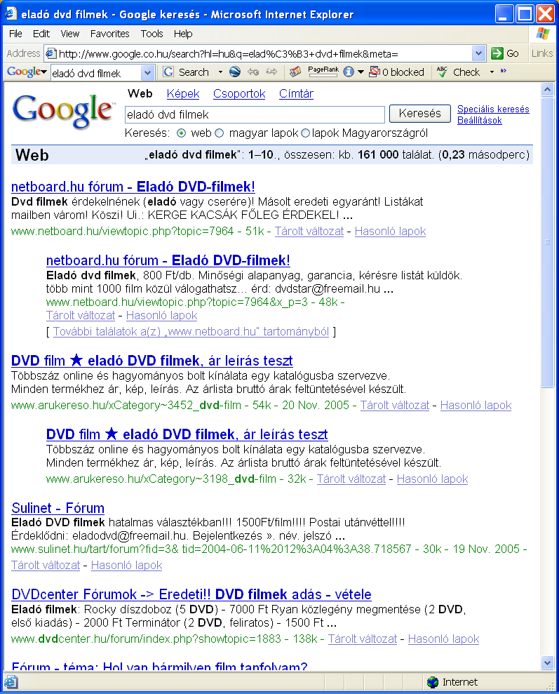 Google találati listája - példa