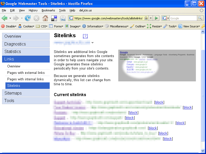 Sitelink panel a Google Webmaster Tools-ban
