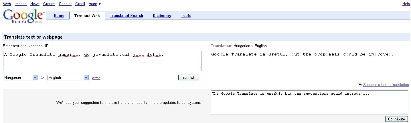 Google Translate példa javaslattal