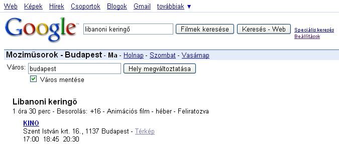 Google.hu OneBox - Moziműsor listázása