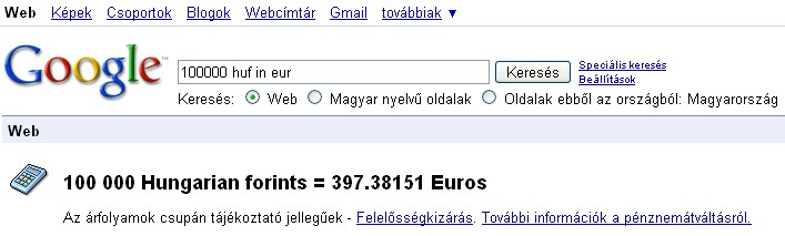 Google OneBox - Valutaárfolyamok