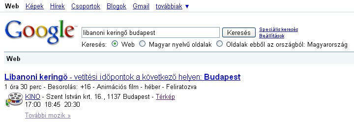 Google.hu OneBox - Moziműsor egyből