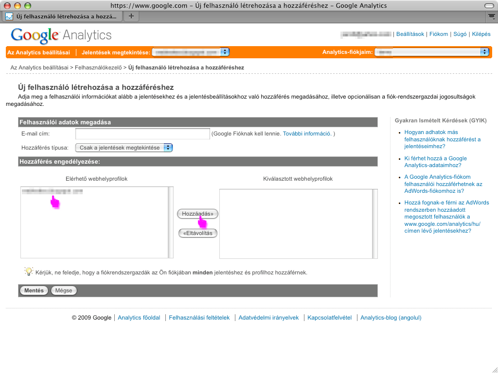 Google Analyitcs profil megosztása 3.