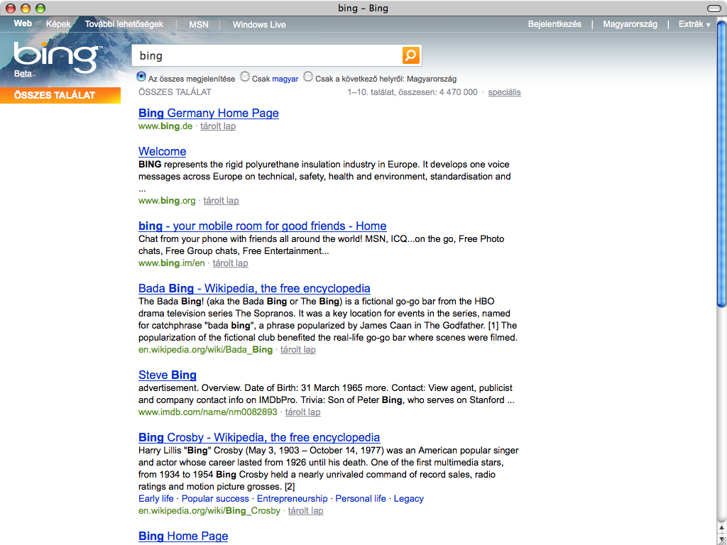 Bing.hu mutatja a bing kulcsszóra