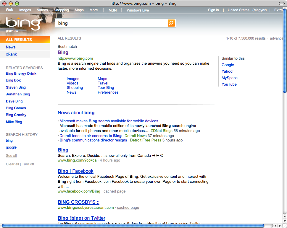 Bing.com mutatja a bing kulcsszóra