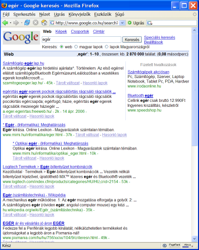 Google kereső találatai az egér kulcsszóra