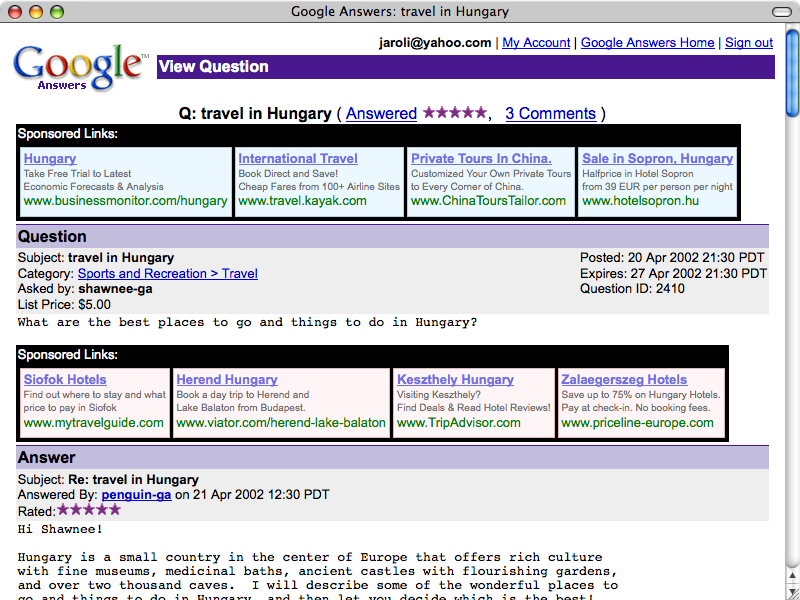 AdSense a Google Answers oldalon