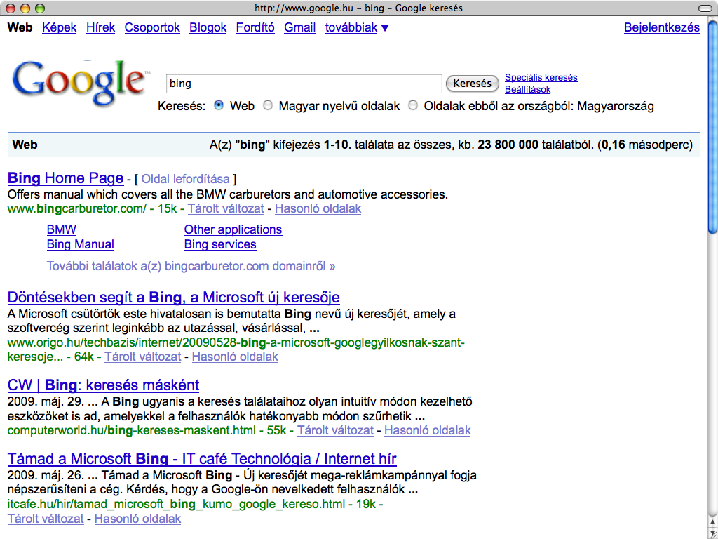 Google.hu mutatja a bing kulcsszóra