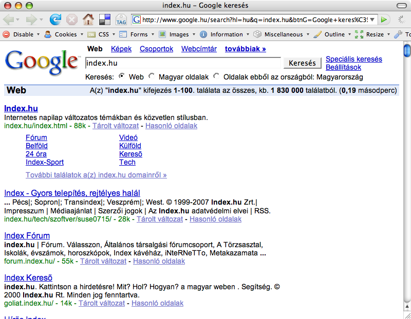 Google Sitelinks az Index.hu-ra keresés esetén