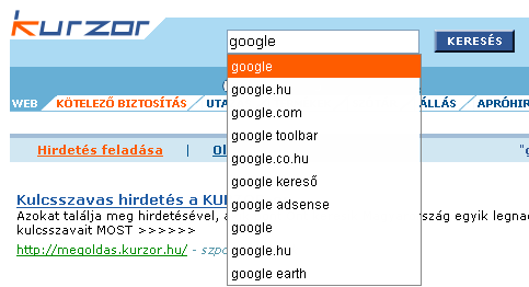 a kurzor.hu kereső automatikus kulcszó-javasló funkciója