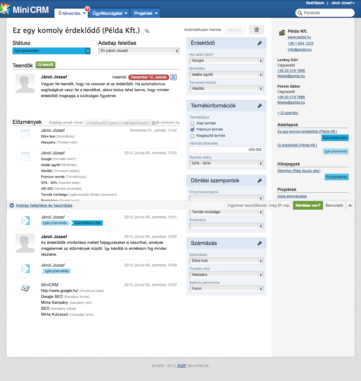 MiniCRM értékesítési modulja