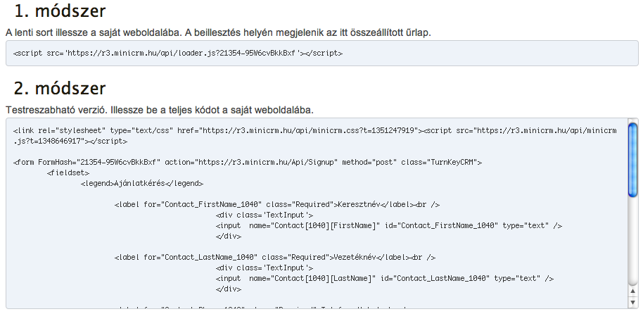 MiniCRM űrlapbeillesztés